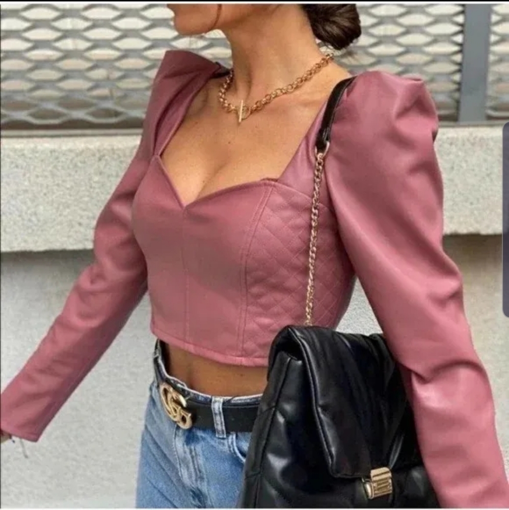 Zara Faux Leather Long Sleeved Crop Top Women's M Dusty Pink